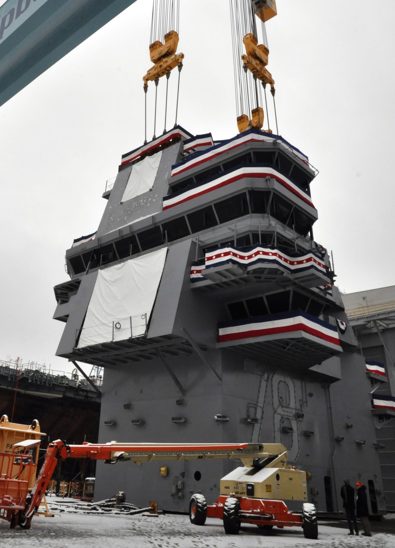 cvn-78 uss gerald r. ford aircraft carrier us navy newport news shipbuilding placing island montage  2013 06