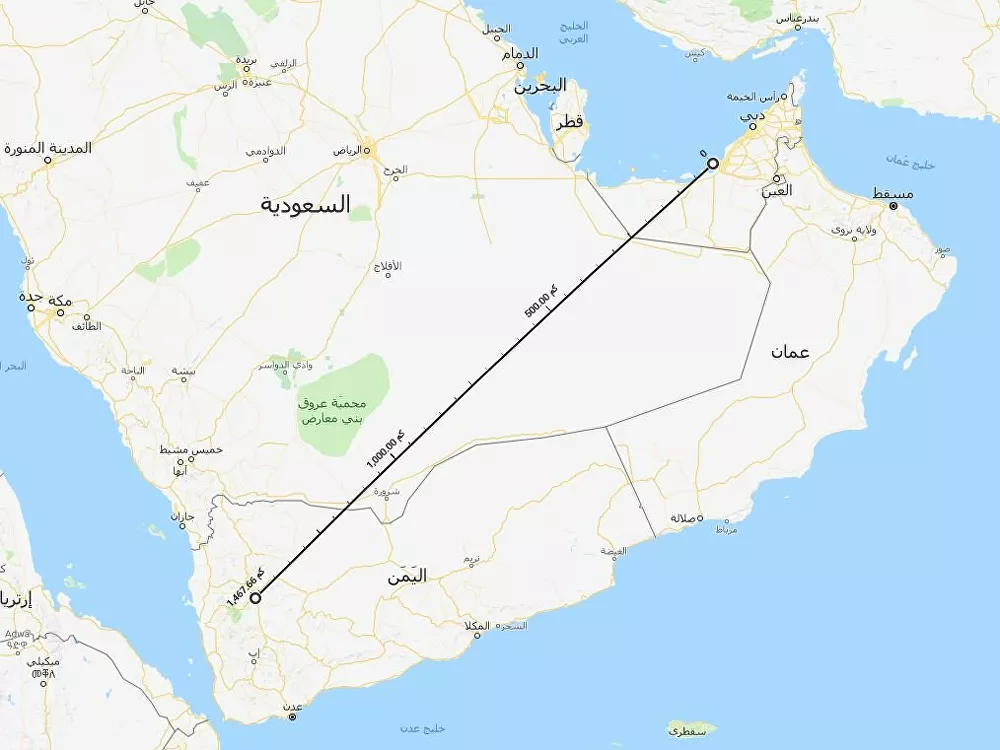 المسافة بين اليمن وأبو ظبي