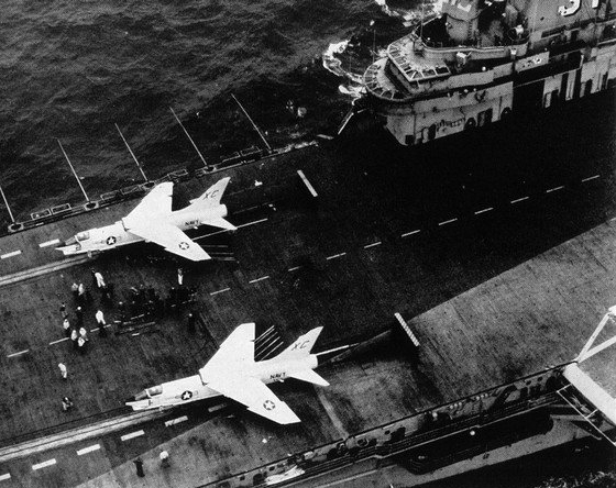 F8U-1s_on_USS_Bon_Homme_Richard_%28CVA-31%29_before_transcontinental_flight_1957.jpg