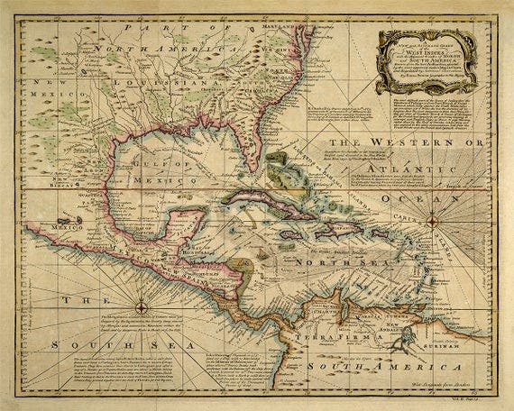 خريطة قديمة لمناطق بحر الكاريبي وخليج المكسيك