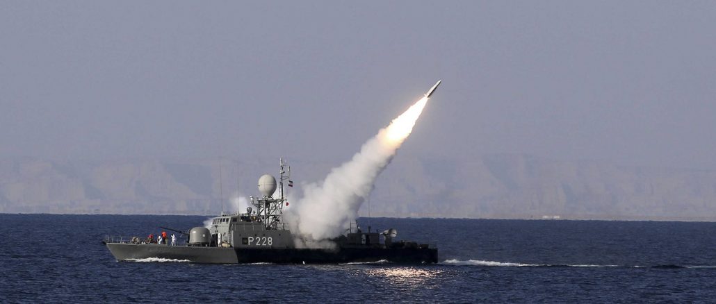 New medium-range missile fires from naval ship during Velayat-90 war game on Sea of Oman near Strait of Hormuz in southern Iran