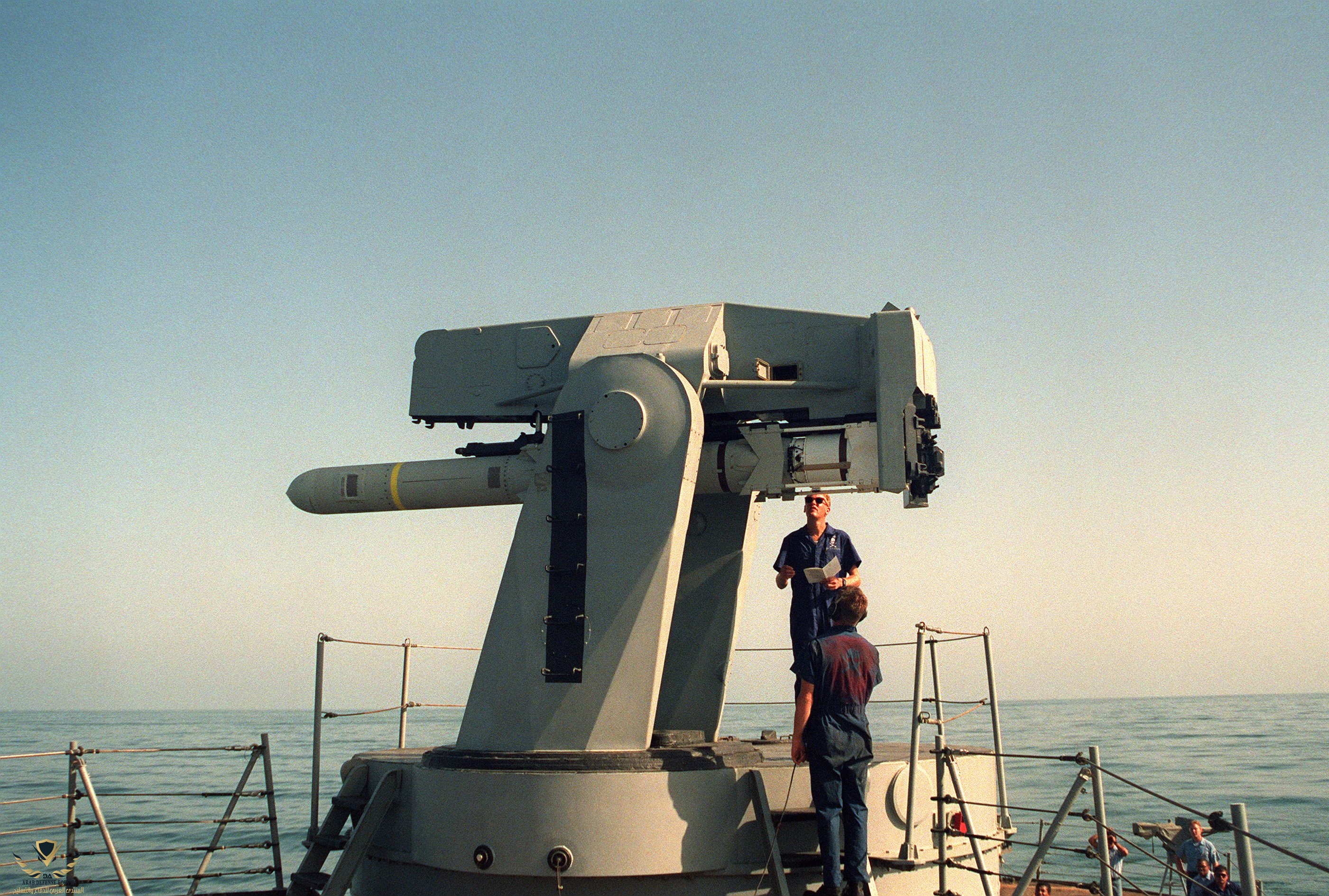 RGM-84_Harpoon_on_missile_launcher_of_USS_Goldsborough_(DDG-20)_on_1_October_1990_(6476486).jpg