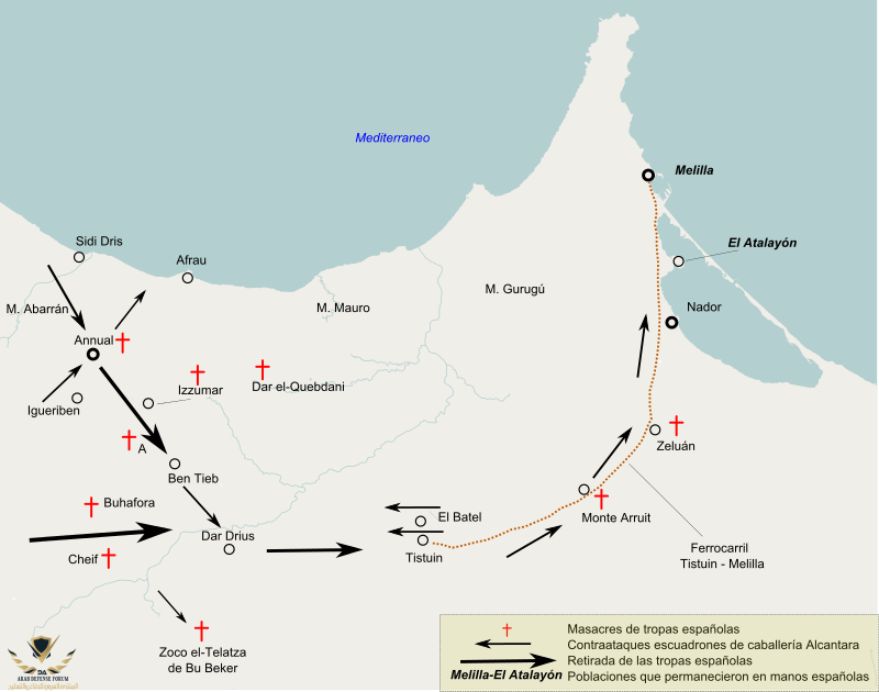 Mapa que muestra las distintas batallas y masacres de la Guerra del Rif.  Wikipedia.png