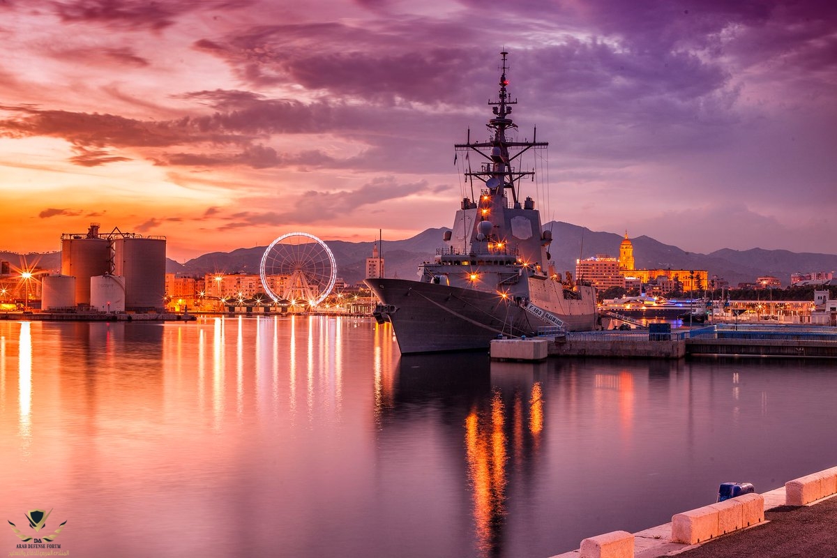 Frigate Blas de Lezo F103 during sunset at the port of Malaga In the background the ferris whe...jpg