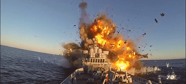 Spectacular video of a missile blowing up a Norwegian Navy frigate.gif