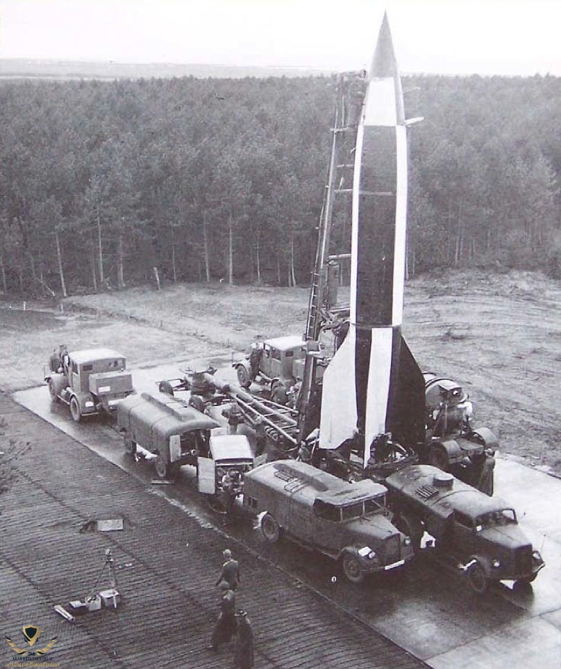 An Aggregat-4, or Vergeltungswaffe-2 (V2), is prepped for launch in late 1945 at a Cuxhaven, ...jpeg
