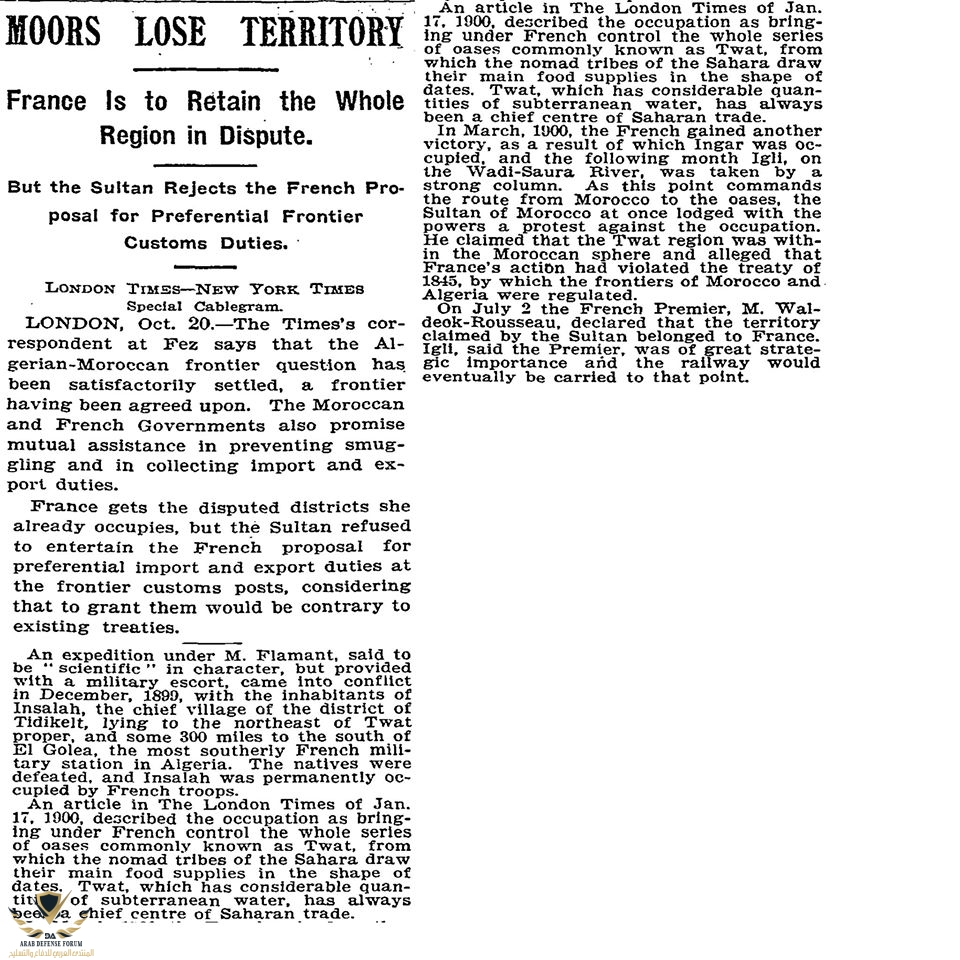  من جريدة نيويورك تايمز بتاريخ 20 أكتوبر 1902 المغاربة خسرو الأرض المتنازع عليها    مع فرنسا ت...jpg