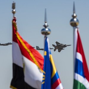F-15C/D في درع الخليج 1 ويظهر اعلام لبعض الدول المشاركة