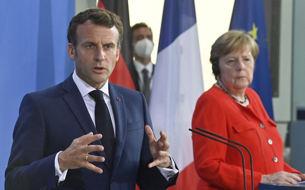 French President Emmanuel Macron at a joint press conference with German Chancellor Angela Merkel on June 18, 2021.