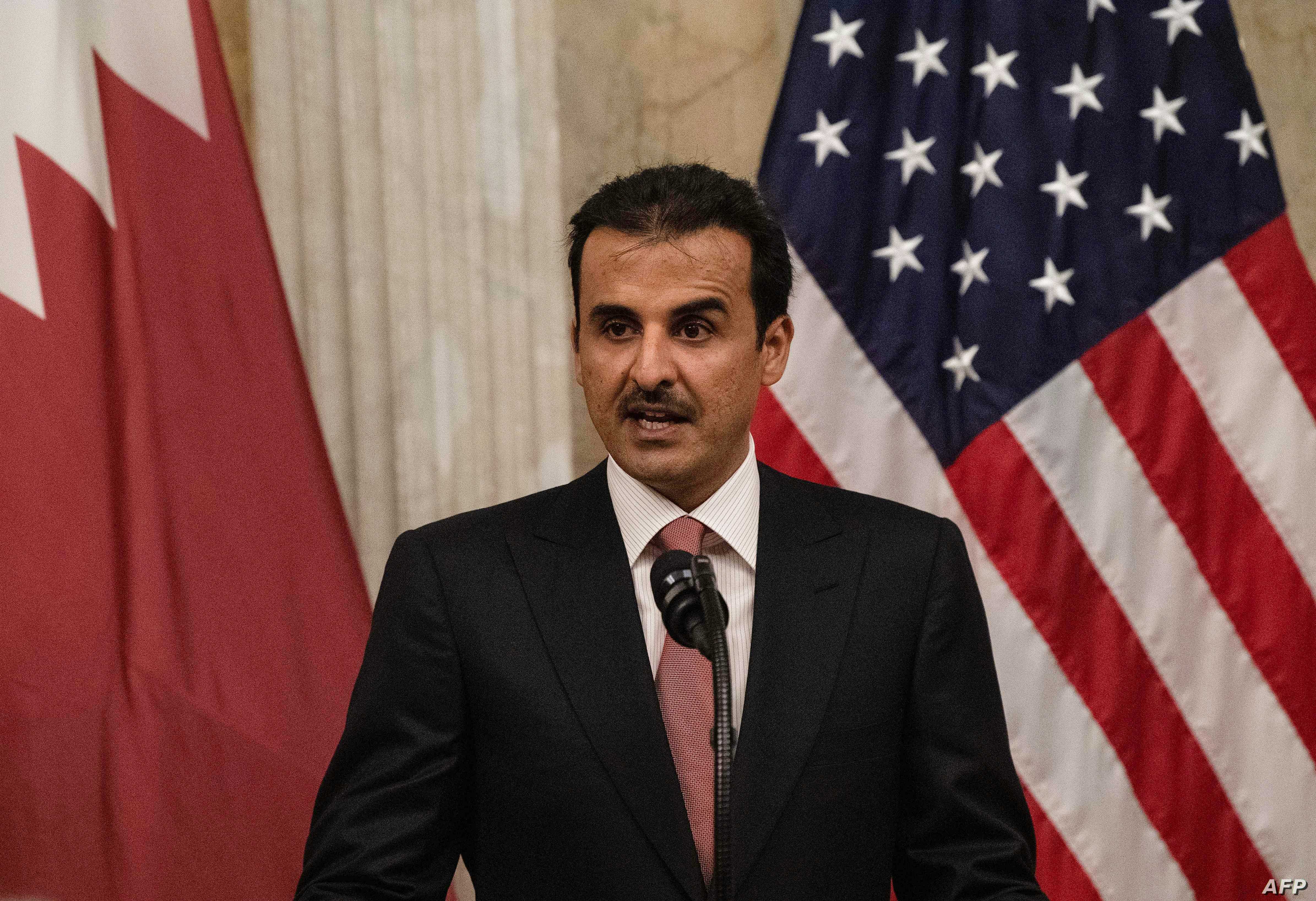 Sheikh Tamim bin Hamad al-Thani, Emir of Quatar, deliver remarks before dinner with US President Donald Trump at the Treasury…