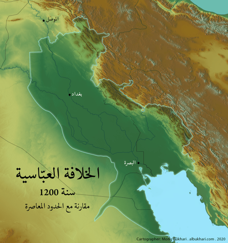 خارطة الخلافة العبّاسية سنة 1200 مقارنة مع الحدود المعاصرة