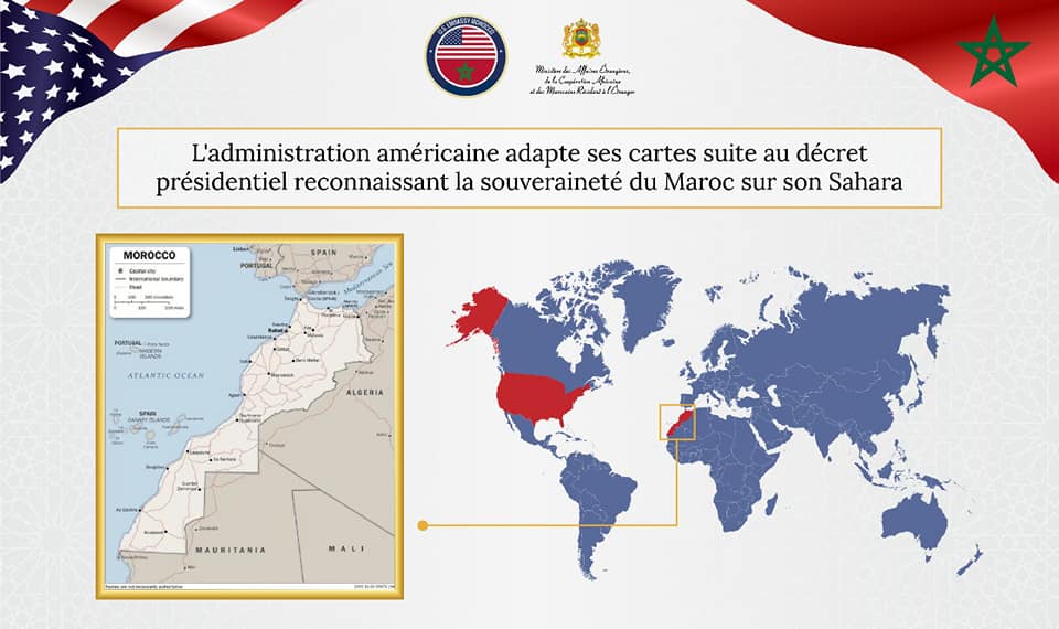 Image may contain: text that says 'MOROCCO L'administration américaine adapte ses cartes suite au décret présidentiel reconnaissant la souveraineté du Maroc sur son Sahara NA ALGERIA N. MAURITANIA'