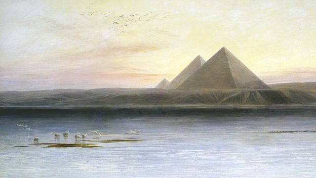 لوحة تجسد فيضان النيل بالقرب من أهرامات الجيزة للفنان إدوارد لير من أعمال القرن التاسع عشر