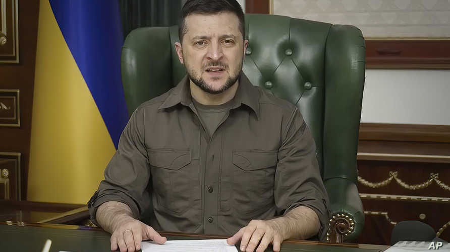 In this image from video provided by the Ukrainian Presidential Press Office, Ukrainian President Volodymyr Zelenskyy speaks…