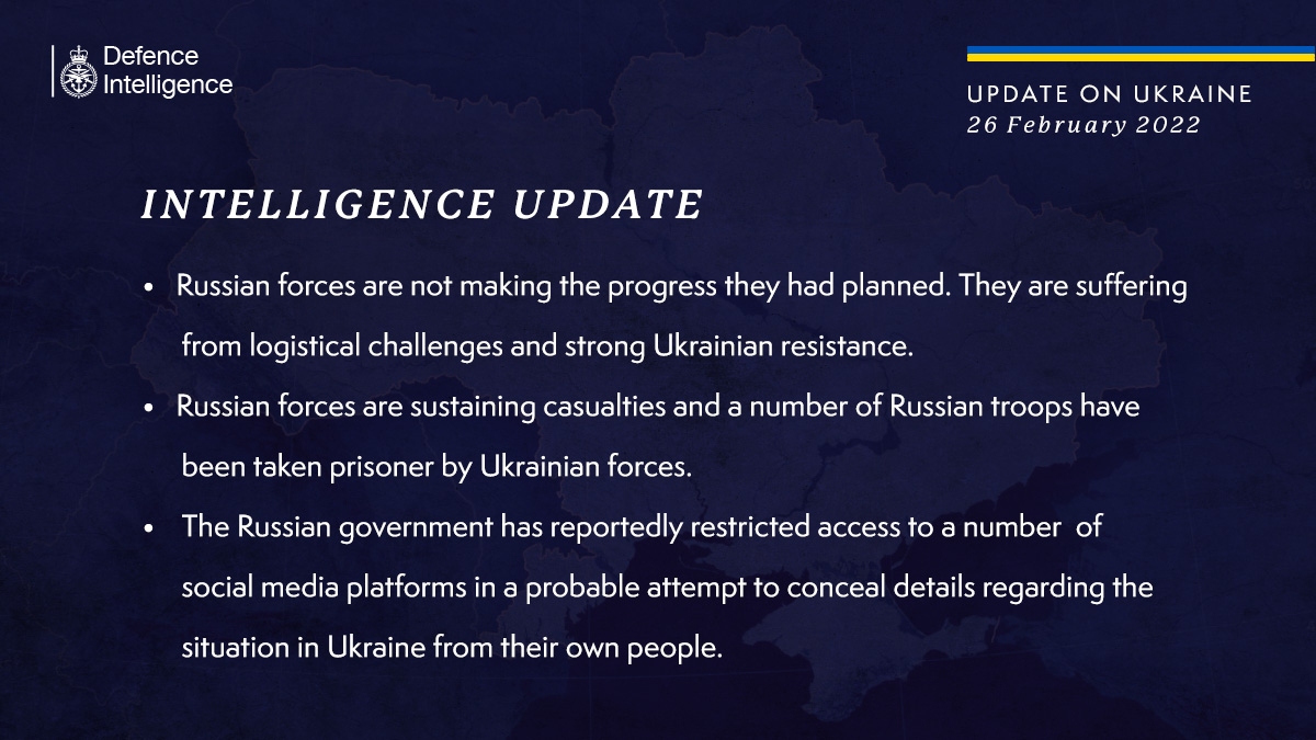 Russian forces are not making the progress they had planned. They are suffering from logistical challenges and Ukrainian resistance. Russian forces are sustaining casualties and a number of Russian troops have been taken prisoner by Ukrainian forces. The Russian government has reportedly restricted access to a number of social media platforms.