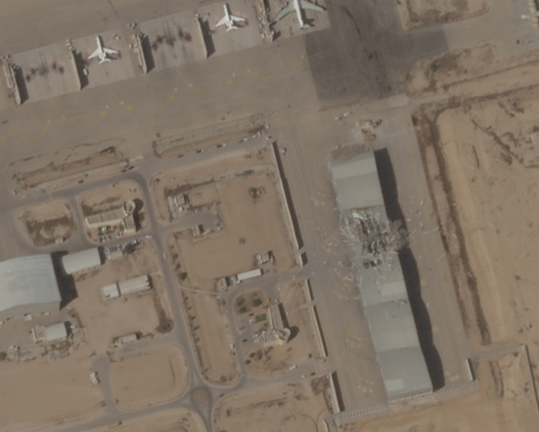 This satellite image taken by Planet Labs PBC shows a damaged hangar at Israel's Nevatim Air Base, on Wednesday, Oct. 2, 2024. …