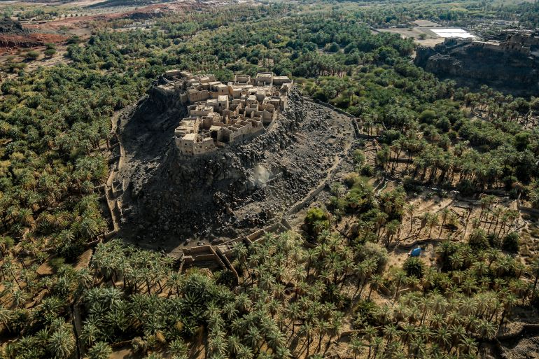 This picture taken on December 12, 2022 shows an aerial view of an old fort in the Khaybar oasis in northwestern Saudi Arabia. (Photo by Mohammad QASIM / AFP)