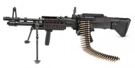 M60E4 / Mk.43 mod.1 machine gun (note Picatinny rails on receiver cover and forend), and removable front grip.