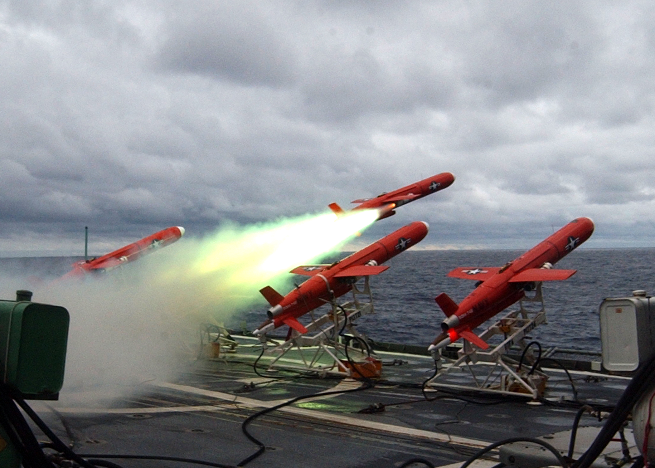 US_Navy_050219-N-6541W-001_A_BQM-74E_Aerial_Target_Drone_is_launches_using_Jet_Assist_Take_Off_(JATO)_from_the_flight_deck_aboard_the_guided_missile_cruiser_USS_Cowpens_(CG_63).jpg