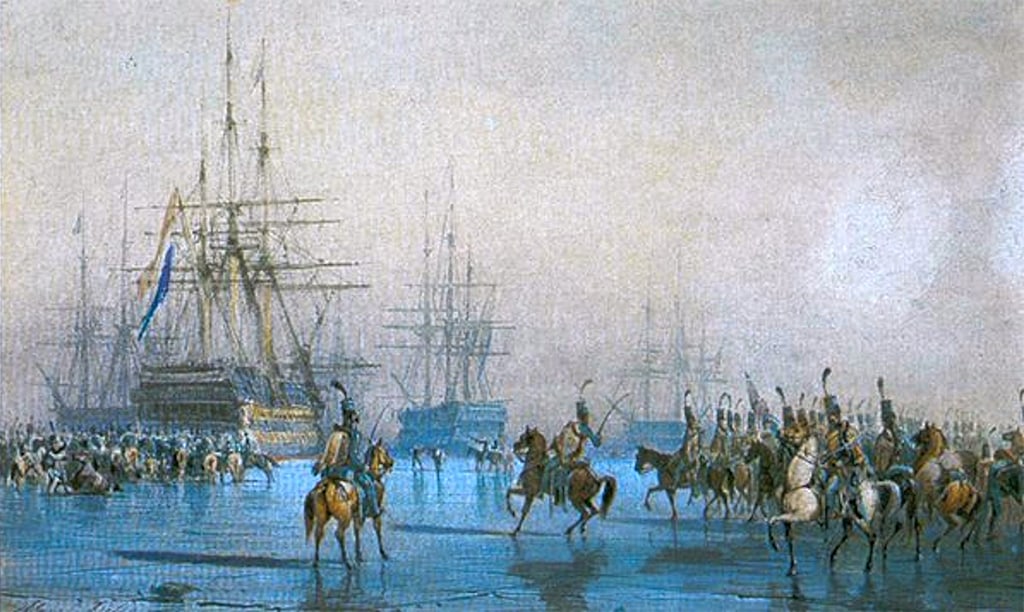 وقفت السفن الحربية الهولندية المتجمدة في خليج زويدر زي فريسة لسلاح الفرسان الفرنسيين خلال الحروب النابليونية.
