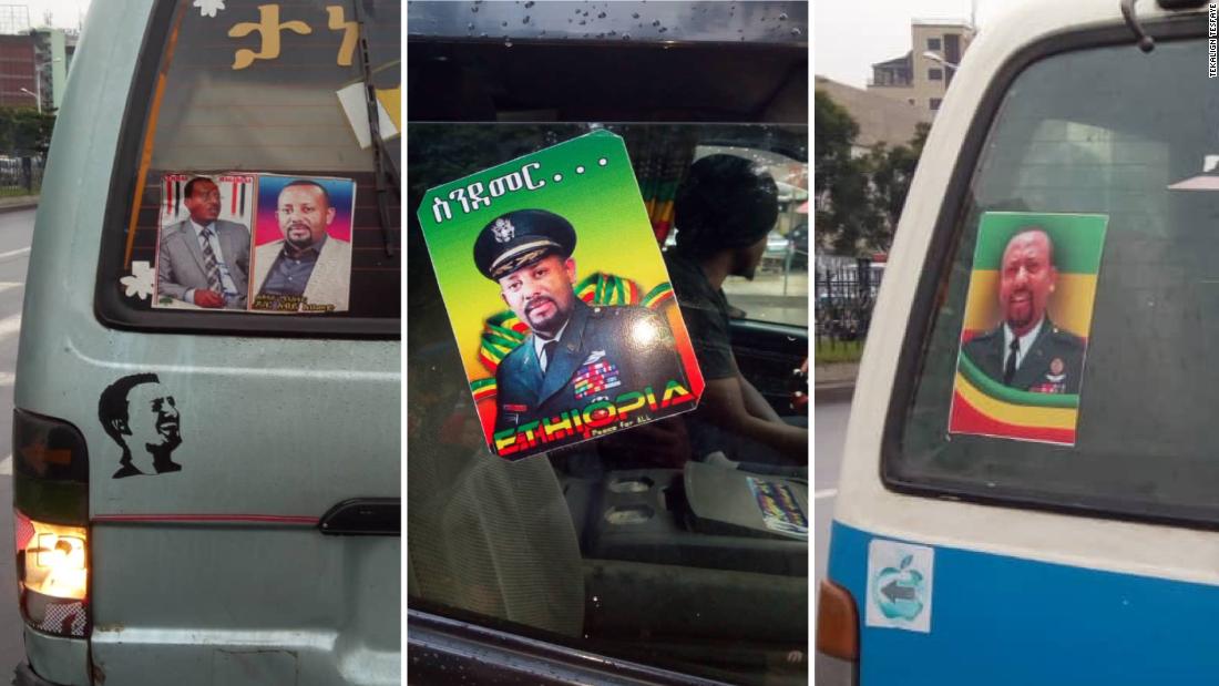 Stickers bearing the face of Ethiopian president Abiy Ahmed adorn taxis around Addis Ababa. Stickers bearing the face of Ethiopian president Abiy Ahmed adorn taxis around Addis Ababa.