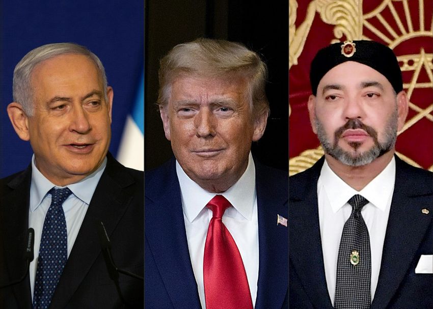 العاهل المغربي الملك محمد السادس (يمين)، الرئيس الأمريكي دونالد ترامب (وسط)، رئيس الوزراء الإسرائيلي بنيامين نتنياهو (يسار)