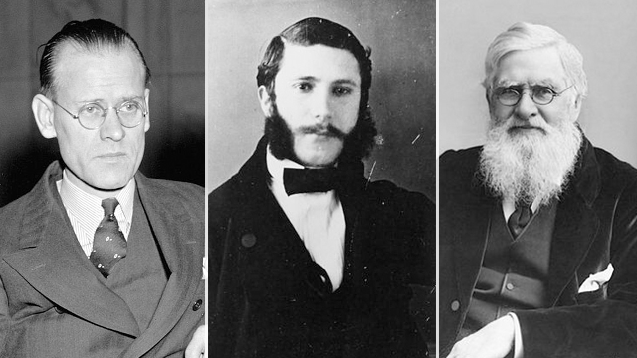 شخصيات تاريخية: ألفريد راسل والاس (يمين)، هنري دونانت، وفيلو فارنزوورث شخصيات تاريخية: ألفريد راسل والاس (يمين)، هنري دونانت، وفيلو فارنزوورث