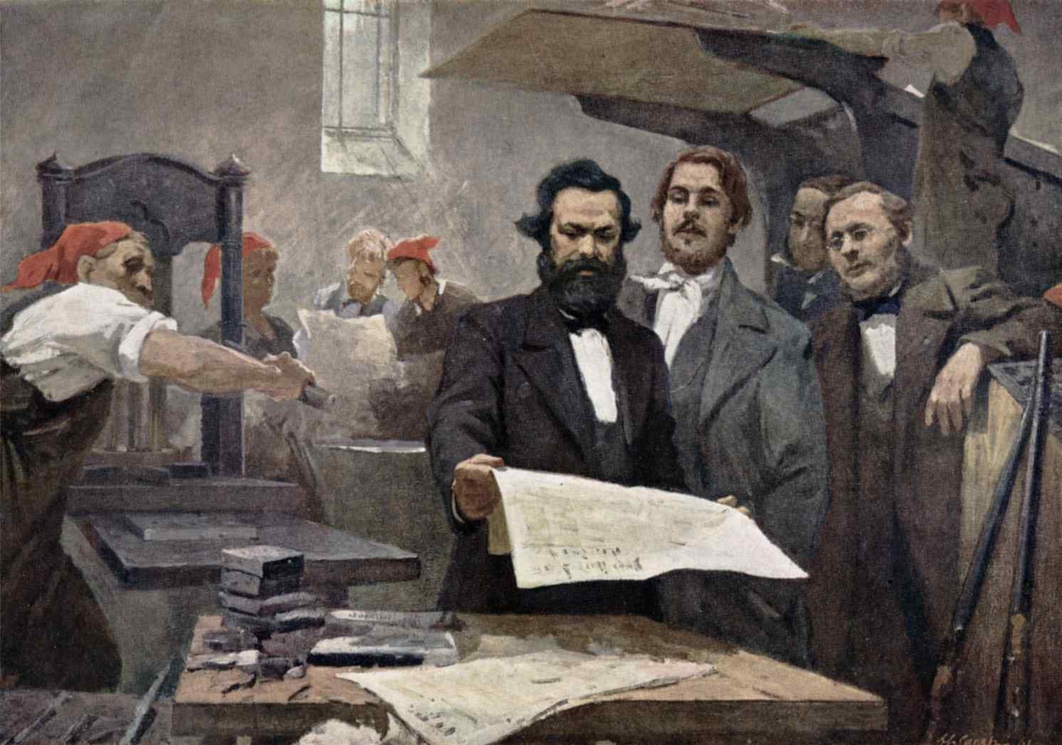 ماركس وأنجلز في المطبعة أثناء نشر المانفستو الشيوعي (لوحة بريشة الفنان الروسي شابيرو، 1961)