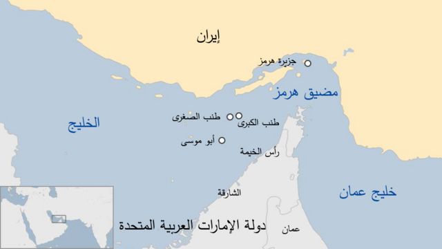 خريطة لموقع الجزر المتنازع عليها في الخليج