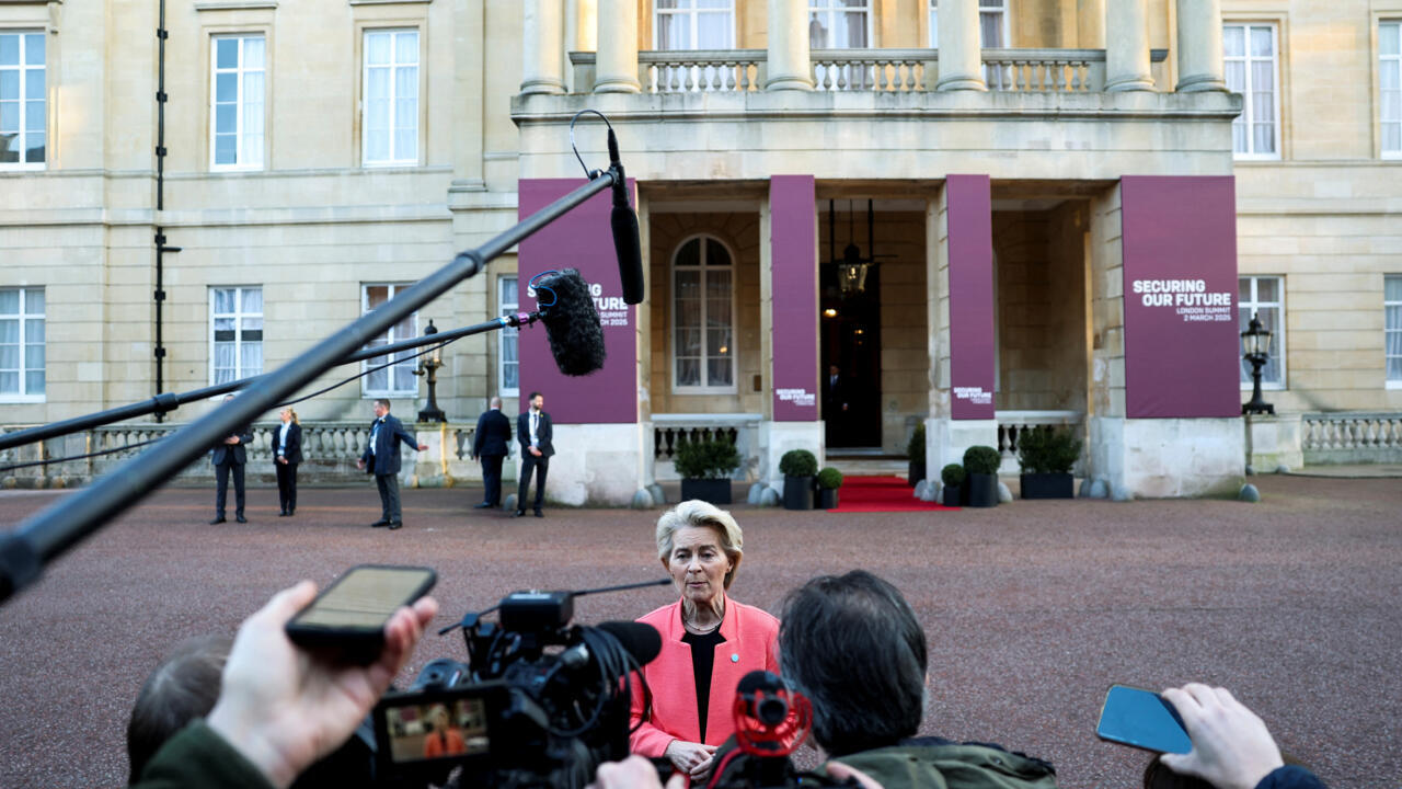 European Commission President Ursula von der Leyen reacts as she speaks to the media as she leaves after attending a summit held at Lancaster House in central London on March 2, 2025. UK Prime Ministe European Commission President Ursula von der Leyen reacts as she speaks to the media as she leaves after attending a summit held at Lancaster House in central London on March 2, 2025. UK Prime Ministe