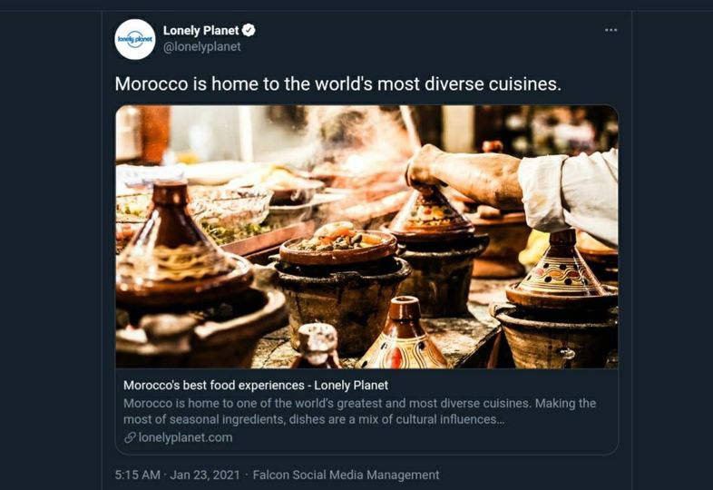 ربما تحتوي الصورة على: ‏نص مفاده '‏‎Lonely Planet lonelyplonet @lonelyplanet Morocco is home to the world's most diverse cuisines. Morocco's best food experiences Lonely Planet Morocco greaeand most diverse most seasonal ngredients, influences.. lonelyplanet.com Makingthe‎‏'‏