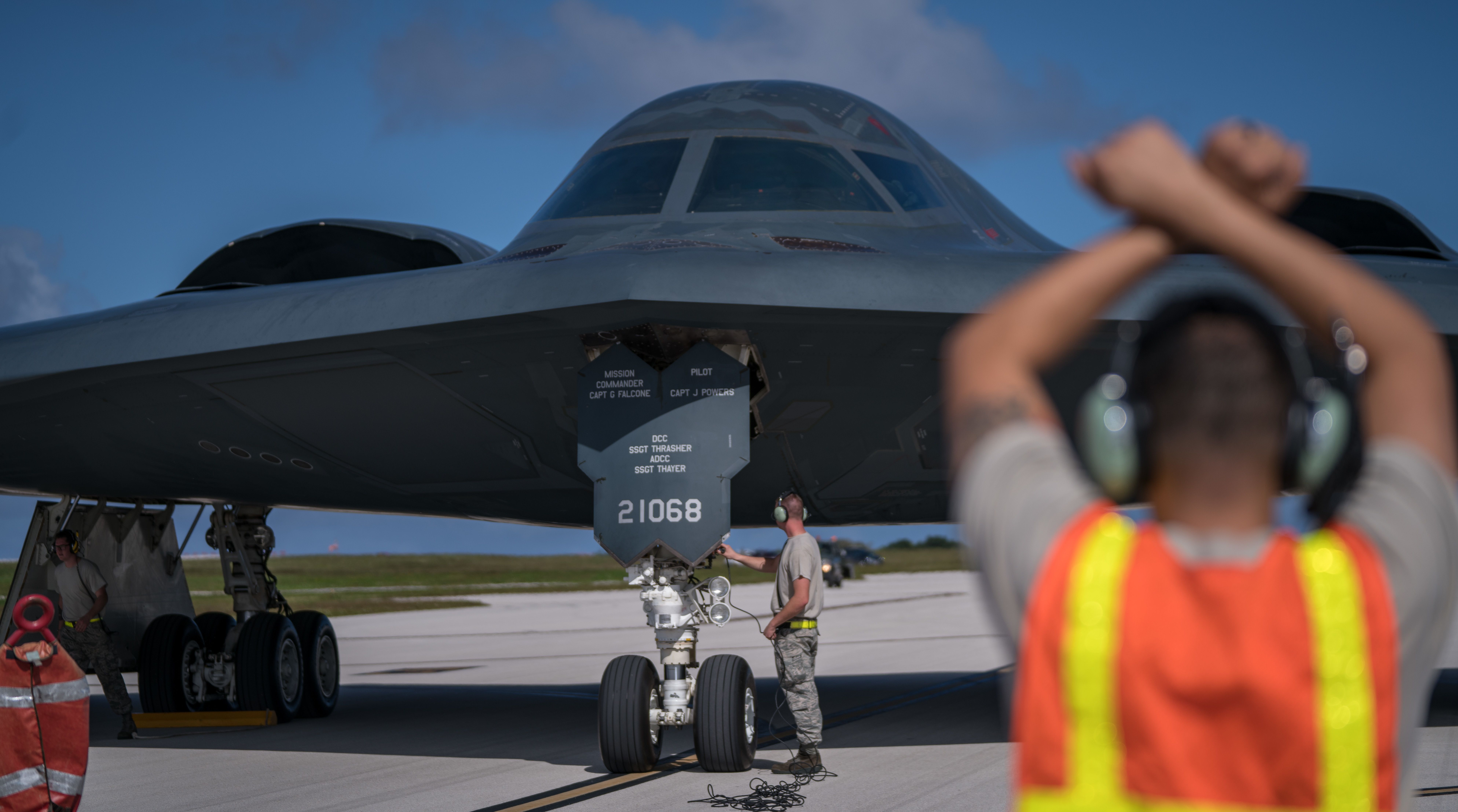 A B-2 Spirit, assigned to the 509th Bomb Wing, Whiteman Air Force Base, taxis on the flightline Jan. 8, 2018, at Andersen Air Force Base, Guam A B-2 Spirit, assigned to the 509th Bomb Wing, Whiteman Air Force Base, taxis on the flightline Jan. 8, 2018, at Andersen Air Force Base, Guam