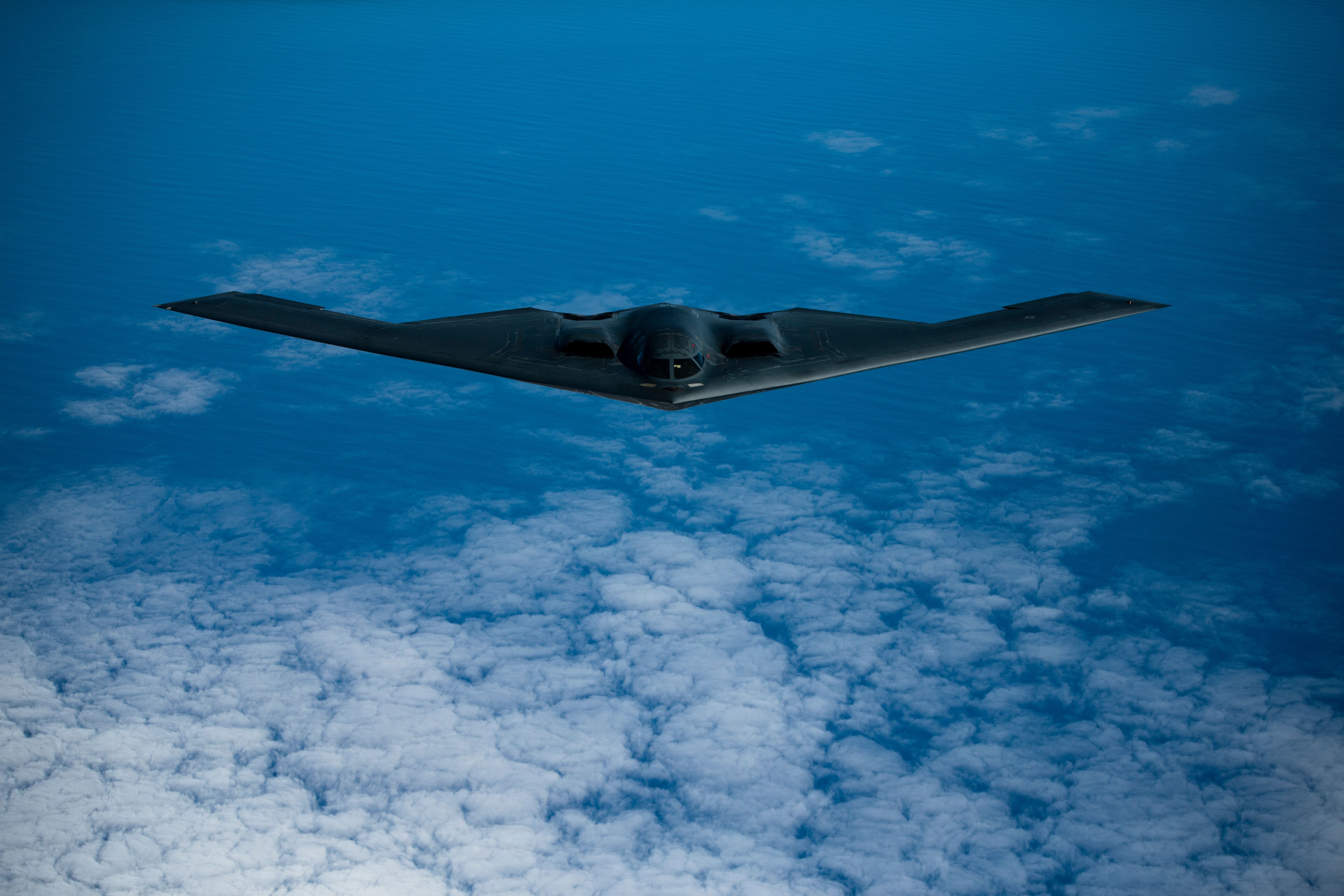 A B-2 Spirit bomber deployed from Whiteman Air Force Base, Missouri, flies near Joint Base Pearl Harbor-Hickam, Hawaii, during an interoperability training mission Jan. 15, 2019 A B-2 Spirit bomber deployed from Whiteman Air Force Base, Missouri, flies near Joint Base Pearl Harbor-Hickam, Hawaii, during an interoperability training mission Jan. 15, 2019