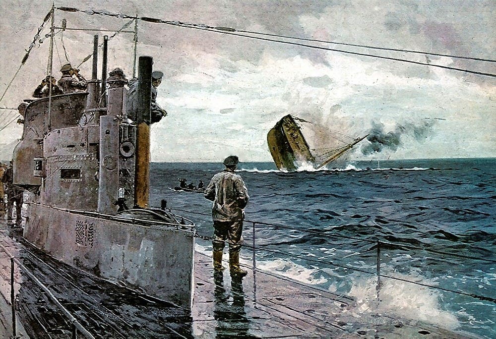رسم تخيلي يجسد حادثة غرق إحدى السفن البريطانية بالحرب العالمية الأولى عقب استهدافها من قبل غواصة ألمانية