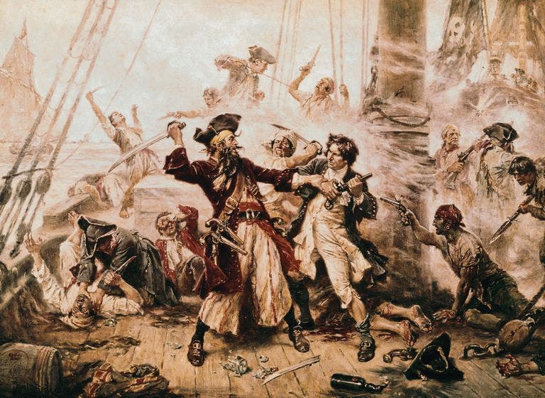 لوحة تبرز إحدى المعارك بين القراصنة والقوات النظامية بالكاريبي