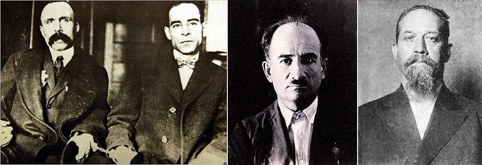 من اليمين، لويجي غالياني وماريو بودا، ثم فيلسوفا الحركة نيكولا ساكو وبارتالوميو فانزتي من اليمين، لويجي غالياني وماريو بودا، ثم فيلسوفا الحركة نيكولا ساكو وبارتالوميو فانزتي