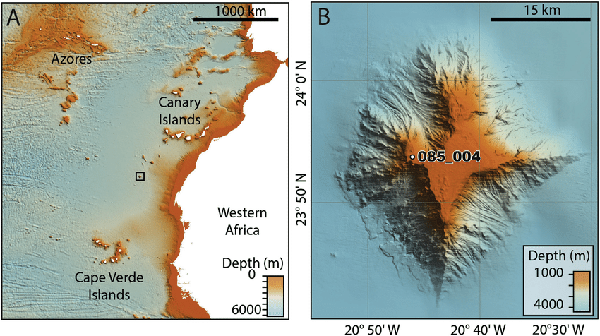 (A) Regional setting of Tropic Seamount, NE Atlantic, located halfway between the Canary Islands and the Cape Verde islands (Bathymetry from GEBCO: Becker et al. (2009)). (B) Bathymetric map of Tropic Seamount obtained from the ship-based EM120 during JC142, gridded at 50 m and showing the location of core 085_004 (modified from Yeo et al. (2018)).